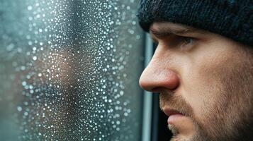 Man in Beanie Gazing Thoughtfully Through Wet Window on Rainy Day with Raindrops Glimmering in Background photo