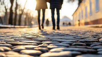 Romantic Walk Along Cobblestone Pathway Under Golden Sunset Glow in Beautiful Outdoor Setting photo