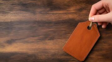 Hand Holding Blank Brown Leather Tag on Wooden Table Surface for Labeling or Branding Purposes photo