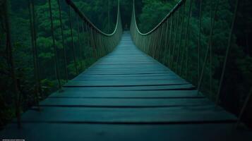 Serene Suspension Bridge Over Lush Green Forest Pathway in Tranquil Nature Scenery at Dusk photo