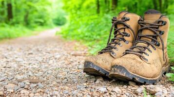 Muddy Hiking Boots on Gravel Path Surrounded by Lush Green Forest Under Bright Sunlight photo