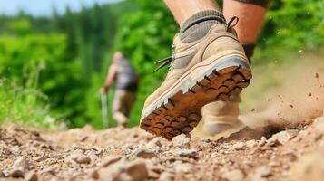 Close-up of Hiking Boot Treading on Dusty Trail with Blurred Hiker in Background Amidst Green Forest photo