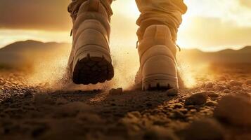 Adventure Awaits Close-up of Dusty Boots Walkinl at Sunrise in Outdoor Landscapeg on Unpaved Trai photo