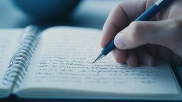 Person Writing Notes with Blue Pen in Spiral Notebook on Wooden Table with Soft Focus Background photo