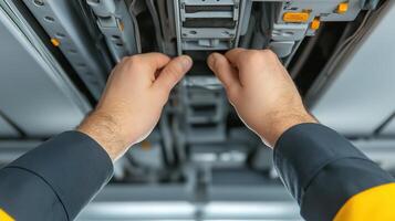 Close-Up Shot of Flight Attendant's Hands Working on Overhead Compartment in an Airplane Cabin photo