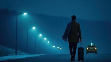 Traveler Adjusting Their Luggage on Quiet Road Under Streetlights at Dusk in a Serene Environment photo