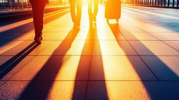 Wide Angle Shot of Travelers Walking Toward Sunset in an Airport Terminal with Luggage and Long Shadows photo