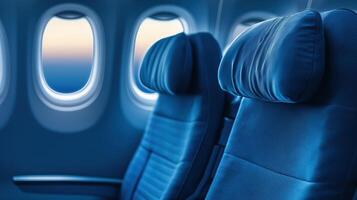 Wide Angle Shot of Empty Airline Seats with Soft Blue Lighting and Window View in Background photo