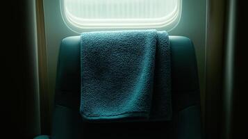Passenger Removing Coat in an Airplane Cabin with Soft Lighting and Cozy Atmosphere photo