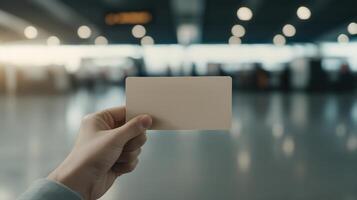 Over the Shoulder Shot of Passenger Holding Empty Card in Airport Setting with Blurred Background photo