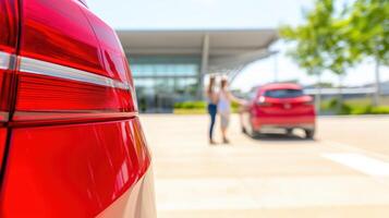 Wide Angle Shot of Couple Exiting an Airport with Car in Background and Bright Sunny Day photo