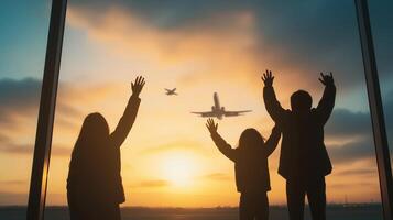 Family waving goodbye at airport during sunset with airplanes flying in the background, capturing emotions photo