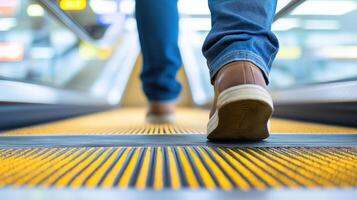Close-Up Shot of Travelers' Feet Stepping on Moving Walkway at Airport Terminal photo