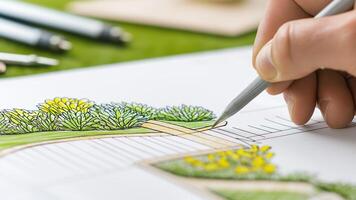 Hand Drawing of a Detailed Garden Landscape Design with Greenery and Pathway on a Bright Surface photo