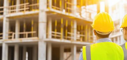Construction Professionals Overlooking Building Site with Modern Technology in Bright Sunset Light photo