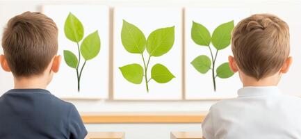 Children Observing Green Leaf Illustrations in Classroom Setting with Natural Elements and Education Theme photo