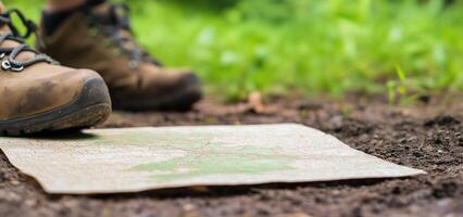 Close-Up View of Hiking Boots Next to a Map on the Ground in a Lush Green Forest Environment photo