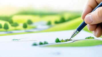 Hand Holding Pen Drawing Scenic Landscape with Green Hills and Blue Water on White Paper photo