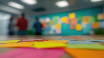Colorful Sticky Notes on Table with Blurred Background of Team Collaboration in Modern Office Space photo
