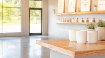 Modern minimalist interior with wooden table and ceramic pots featuring green plants in bright space photo