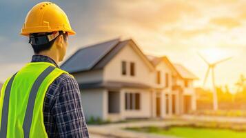 Construction Worker Observing Modern Home Development with Wind Turbine in Background at Sunset photo