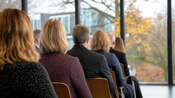 Group of Professionals Attending Conference in Modern Meeting Room with Views of Autumn Landscape photo