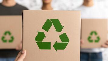 People Holding Recyclable Cardboard Boxes with Green Recycling Symbol in Environmental Awareness Concept photo