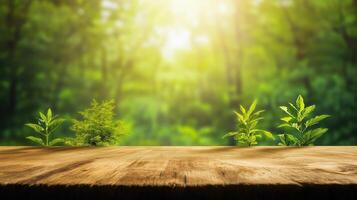 Wooden Table Surrounded by Lush Green Plants Under Warm Sunlight in a Tranquil Forest Setting photo