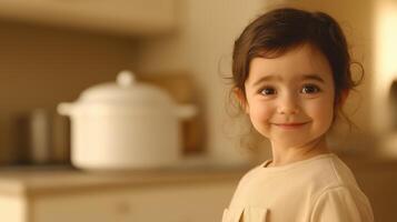 Cheerful young girl smiling in a cozy and warm kitchen setting with white cooking pot in background photo