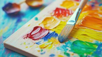Colorful Artist Palette with Paints and Brush Displaying Vibrant Textures and Artistic Creativity photo