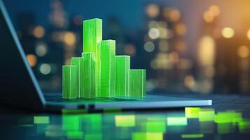 Transparent green bar graph on laptop keyboard with blurred city lights in the background at night photo