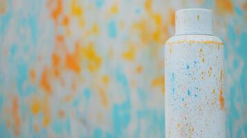 Bright Spray Paint Bottle Against Colorful Abstract Background with Orange and Blue Splashes photo