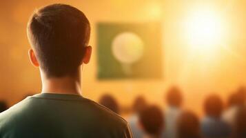 Young Man Watching Presentation with Bright Light in Background at Educational Event or Conference photo