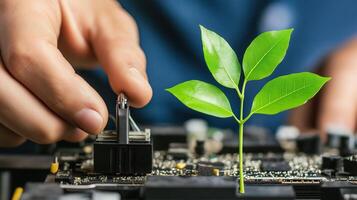Growth of Technology and Nature Symbolizing Sustainability with Hands Working on Circuit Board and Plant photo