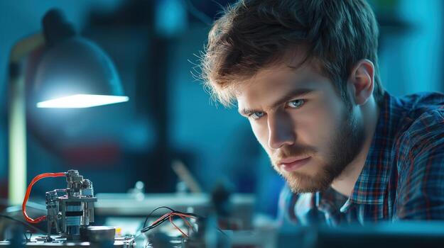 Concentrated Young Man Working on Electronic Components in a Workshop with Soft Lighting photo
