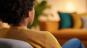 Person with curly hair sitting on a chair in a cozy living room with soft lighting and colorful cushions photo