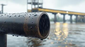 Close-Up of Rusty Metal Pipe with Water Drops on Rainy Day Near River and Industrial Structure in Background photo