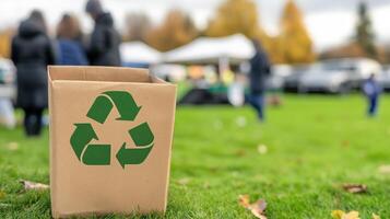 Eco-Friendly Recycling Box on Grass in Community Event with People and Tents in Background photo