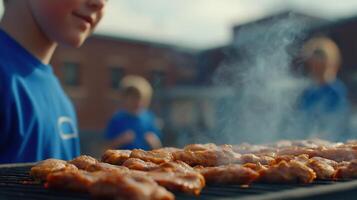 Young Boy Grilling Chicken on Barbecue With Friends in a Summer Outdoor Setting, Focusing on Food Preparation photo