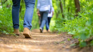 People Walking on a Scenic Trail Surrounded by Lush Green Trees and Nature in Bright Daylight photo