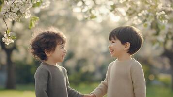 Two Young Children Laughing Together Under Blossom Trees in Soft Natural Light during Springday photo