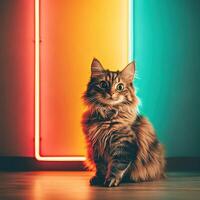 Cat Posing in Front of Colorful Neon Lights photo