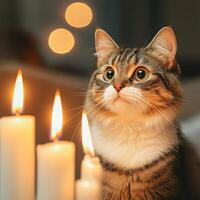 Cat Surrounded by Glowing Candles at New Year Eve photo