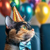 Cat Celebrating New Year with Party Hat and Bowtie photo