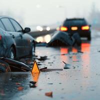 Flood Damage on Highway with Overturned Cars and Debris photo