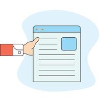 Clean and simple illustration showing a hand holding a web document perfect for digital notes content sharing presentations web design and creative communication concepts vector