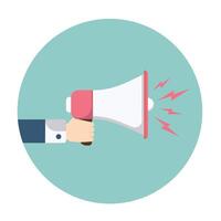 Flat style illustration of a hand holding a megaphone used for alerts announcements marketing promotion campaigns notifications communication and broadcast messages vector