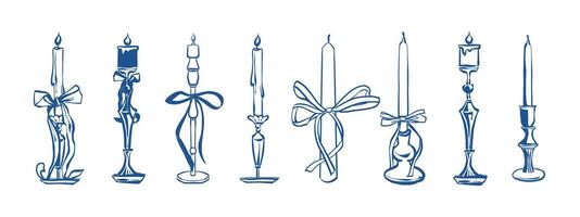 Set of hand drawn vintage elegant candles with outline bows in blue color. illustration in retro sketch parisian style. illustration vector