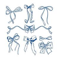 Set of bow in vintage style. Doodle outline bow. Design elegant blue elements. illustration vector