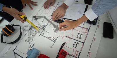 Construction and Team Dynamics. Professionals working together on a blueprint, measuring spaces in a collaborative environment. photo